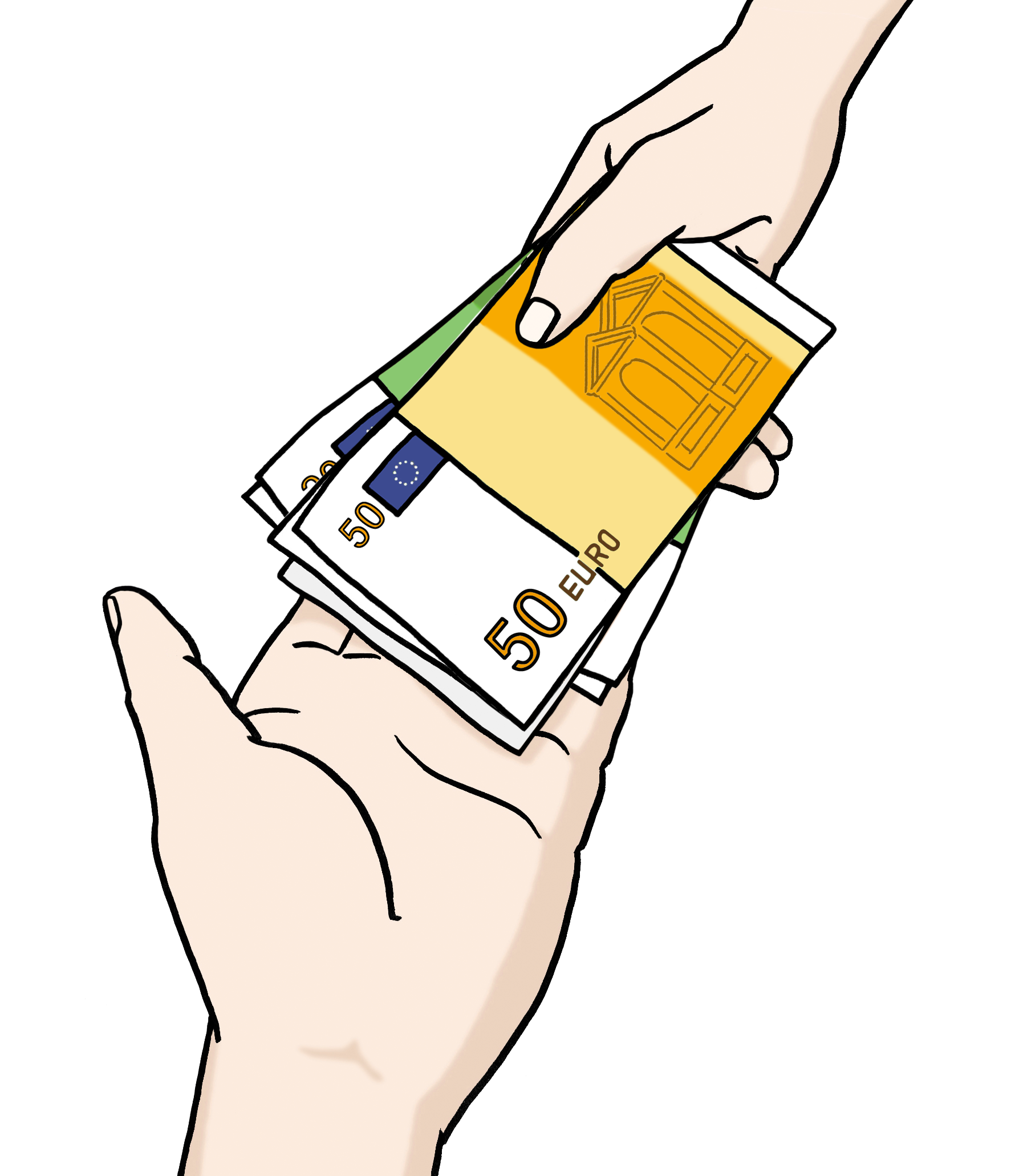 Illustration: Eine offene Hand empfängt ein Bündel Geldscheine.