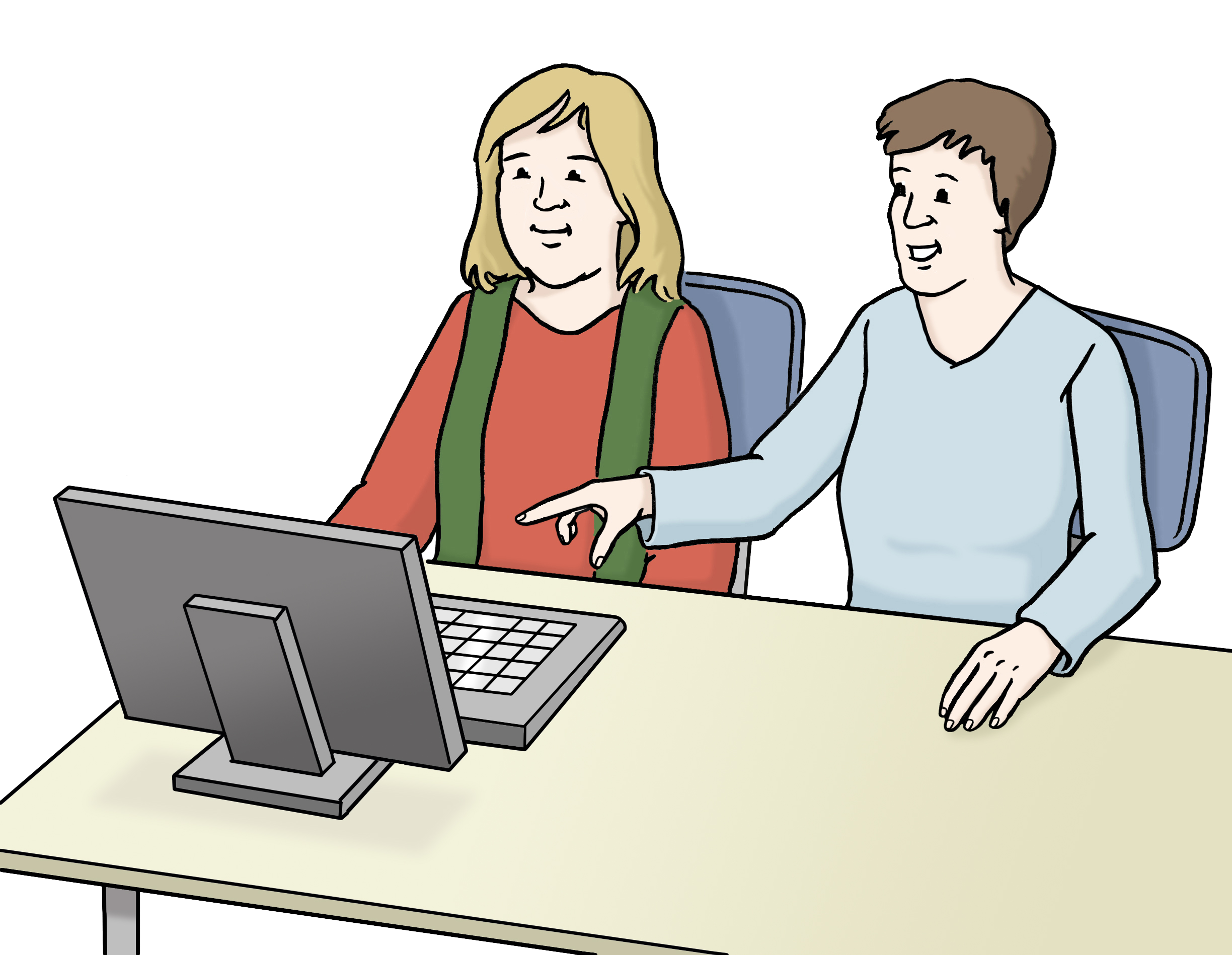 Eine Frau und ein Mann sitzen an einem Schreibtisch. Auf dem Schreibtisch steht ein Computer. Der Mann zeigt der Frau etwas auf dem Computer.