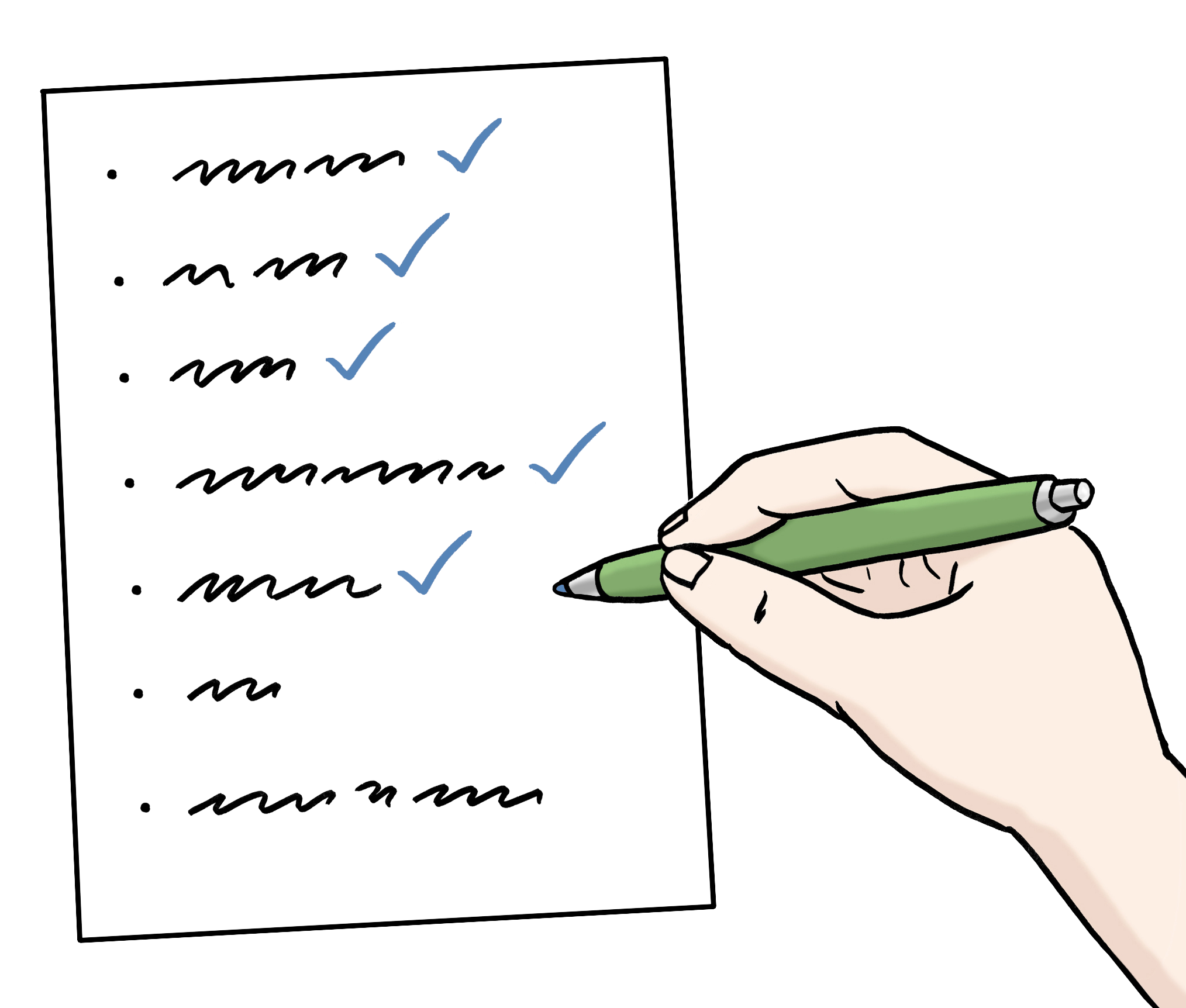 Illustration: Auf einer Liste werden mit einem grünen Stift Punkte abgehakt.