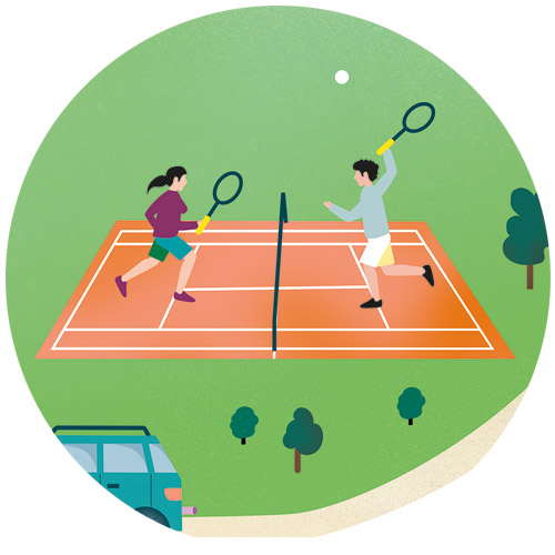 Illustration: Menschen spielen Tennis am Feierabend