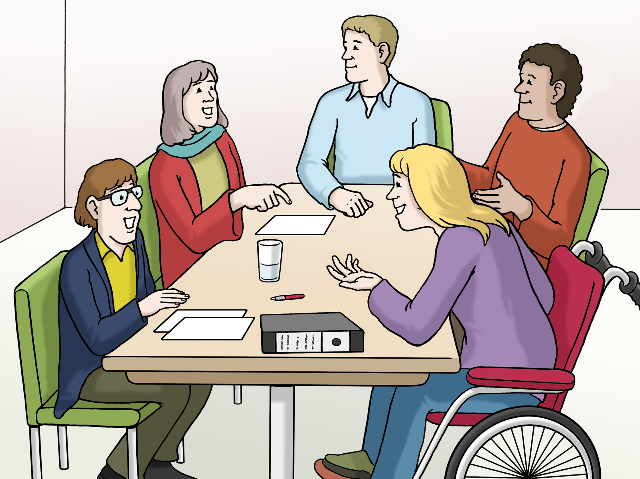 Illustration: Eine Gruppe unterschiedlicher Menschen sitzt am Tisch und Diskutiert freudig mit einander.