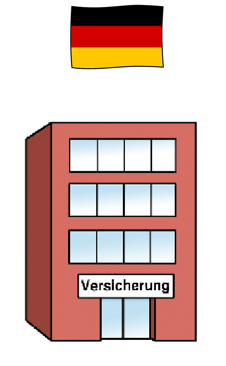Illustration: Eine Bürogebäude mit der Aufschrift "Versicherung". Darüber ist eine Deutschland-Flagge zu sehen.