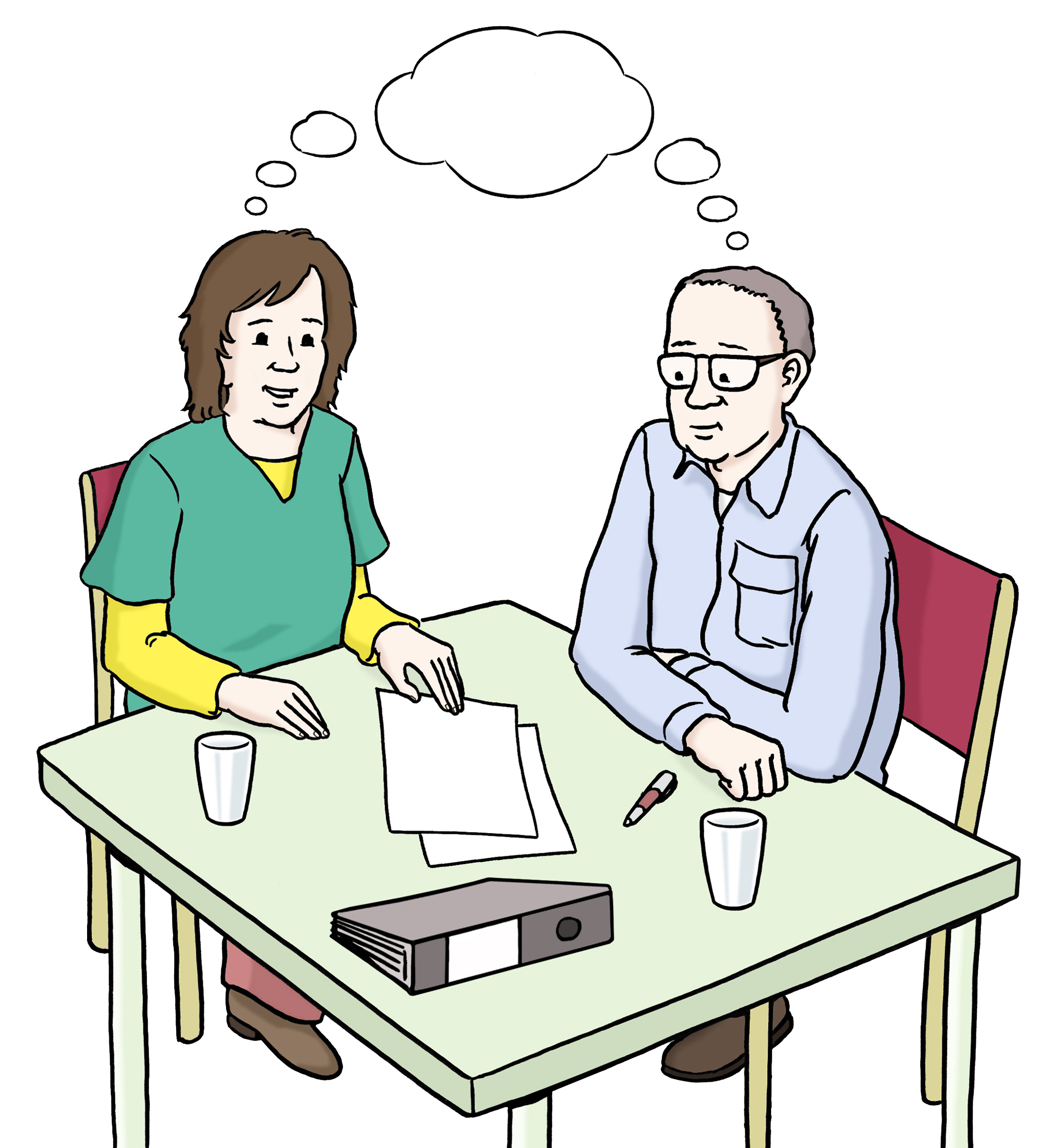 Illsutration: Ein Mann und eine Frau sitzen am Tisch und überlegen gemeinsam.