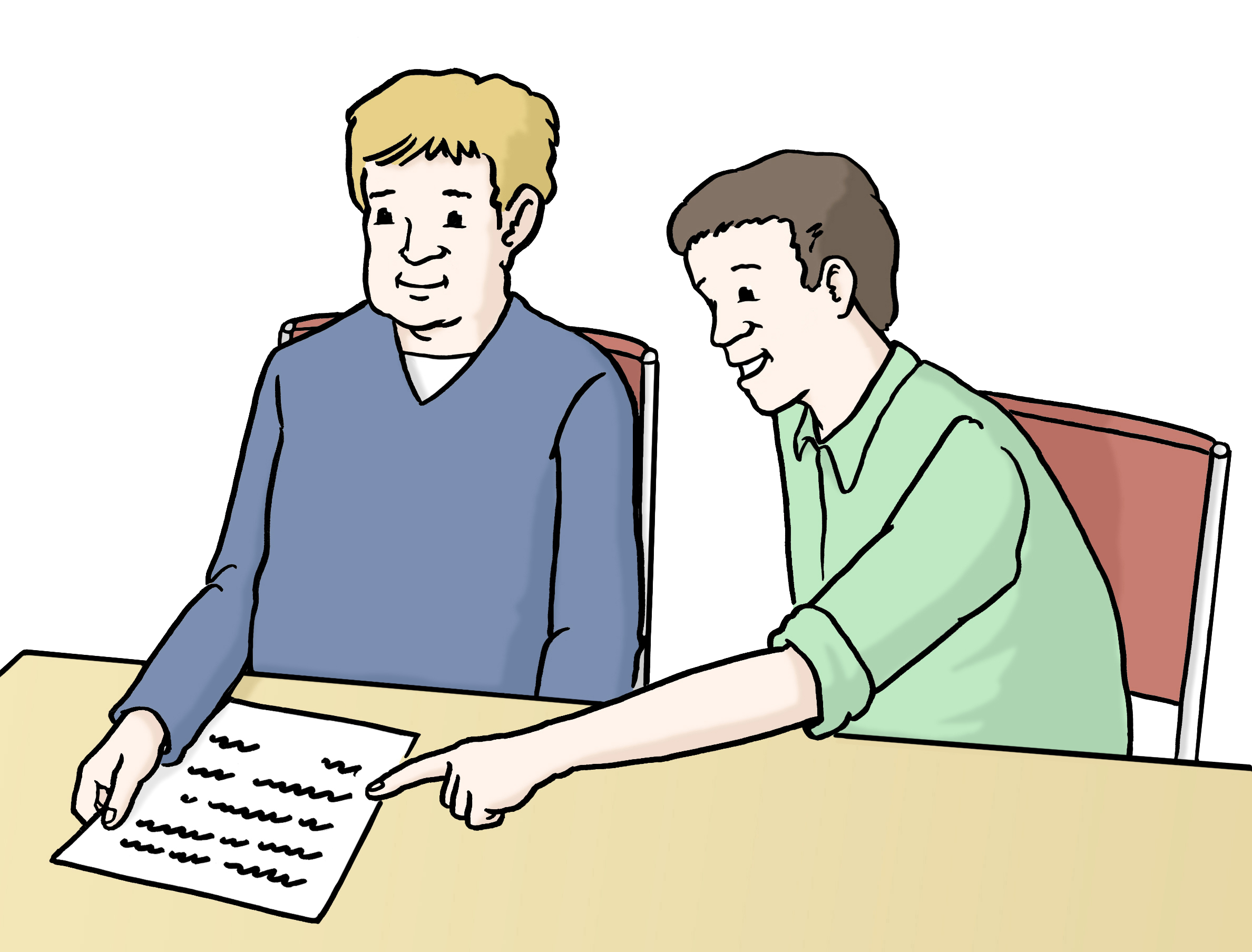 Illustration: Zwei Personen sitzen gemeinsam am Schreibtisch. Eine davon erklärt der anderen anhand eines Dokuments etwas.